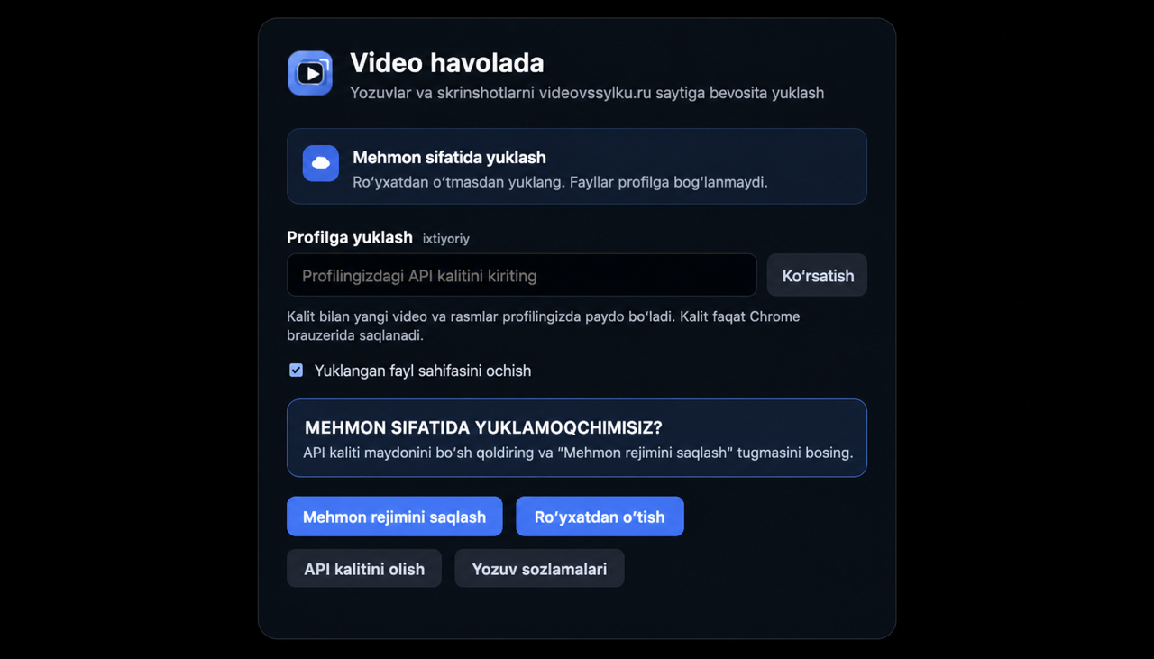 Mehmonlarni yuklash va API kalit sozlamalari
